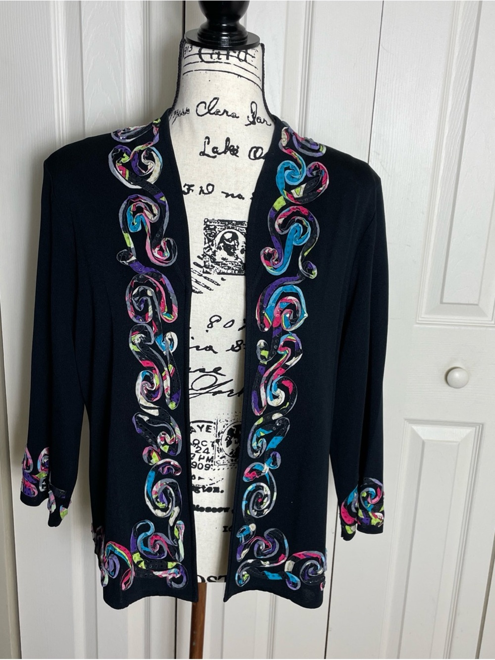 Ming Wang Women's Size PL Petite Large Purple Black Knit Open Cardigan Jacket